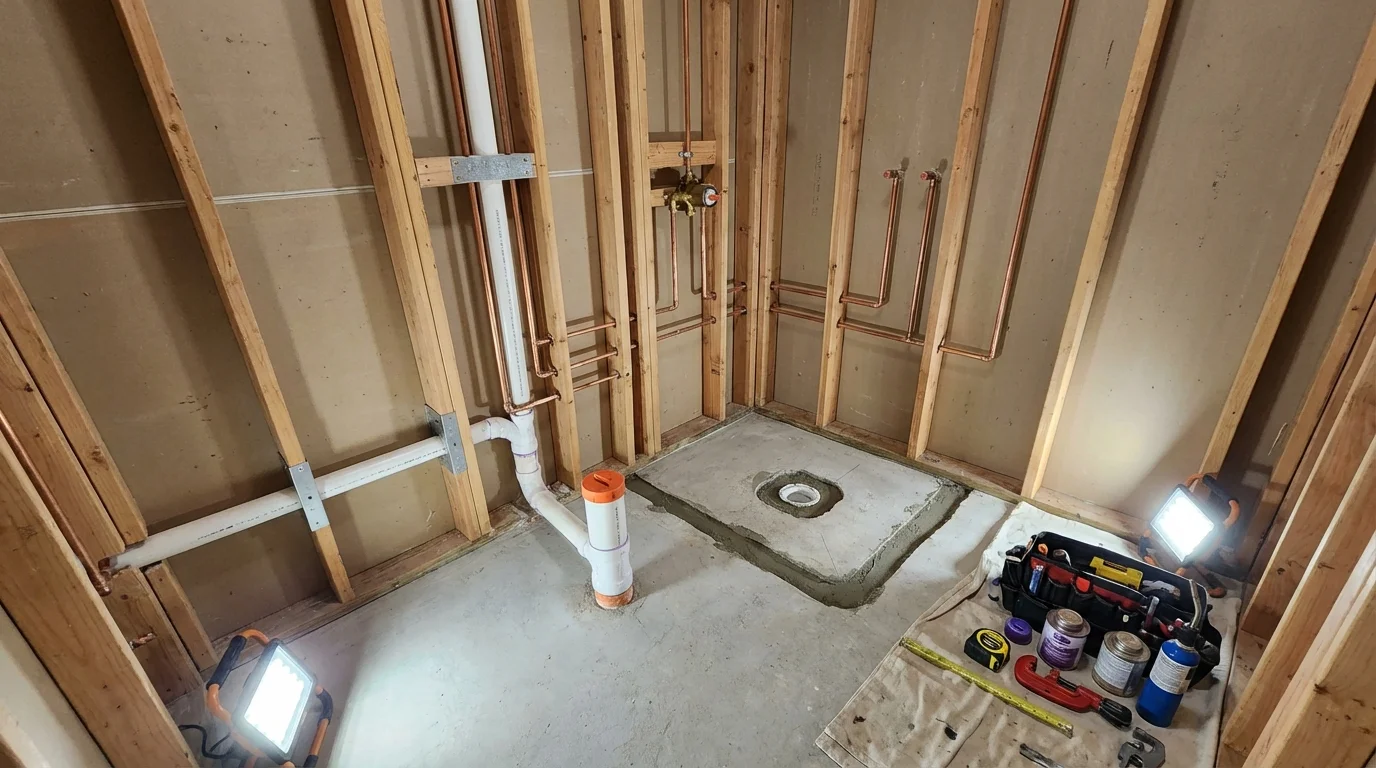 Bathroom rough-in plumbing during remodel by Johns Plumbing LLC in Bay Springs