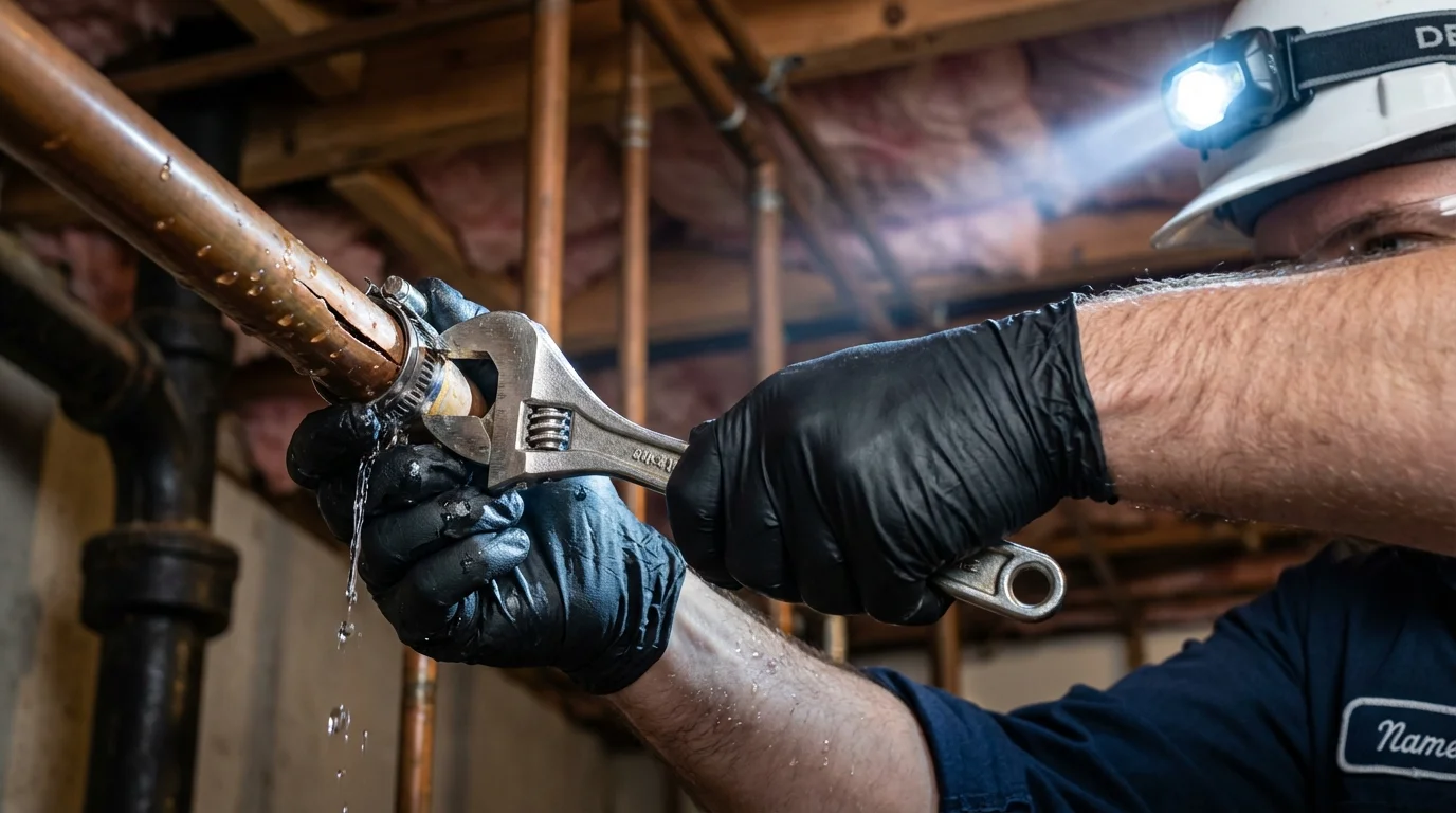 Emergency pipe clamp repair being performed by a Johns Plumbing LLC plumber in Bay Springs