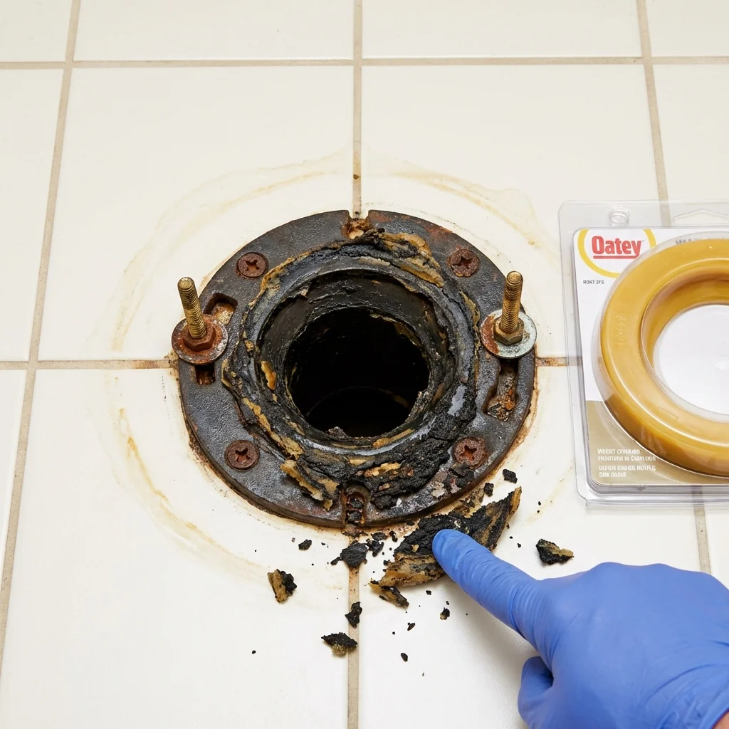 Failed wax ring showing water seepage at the base of a toilet in a Bay Springs, MS home