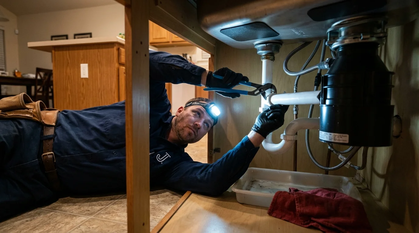 P-trap and supply line connections under a kitchen sink showing a common leak point in Bay Springs, MS